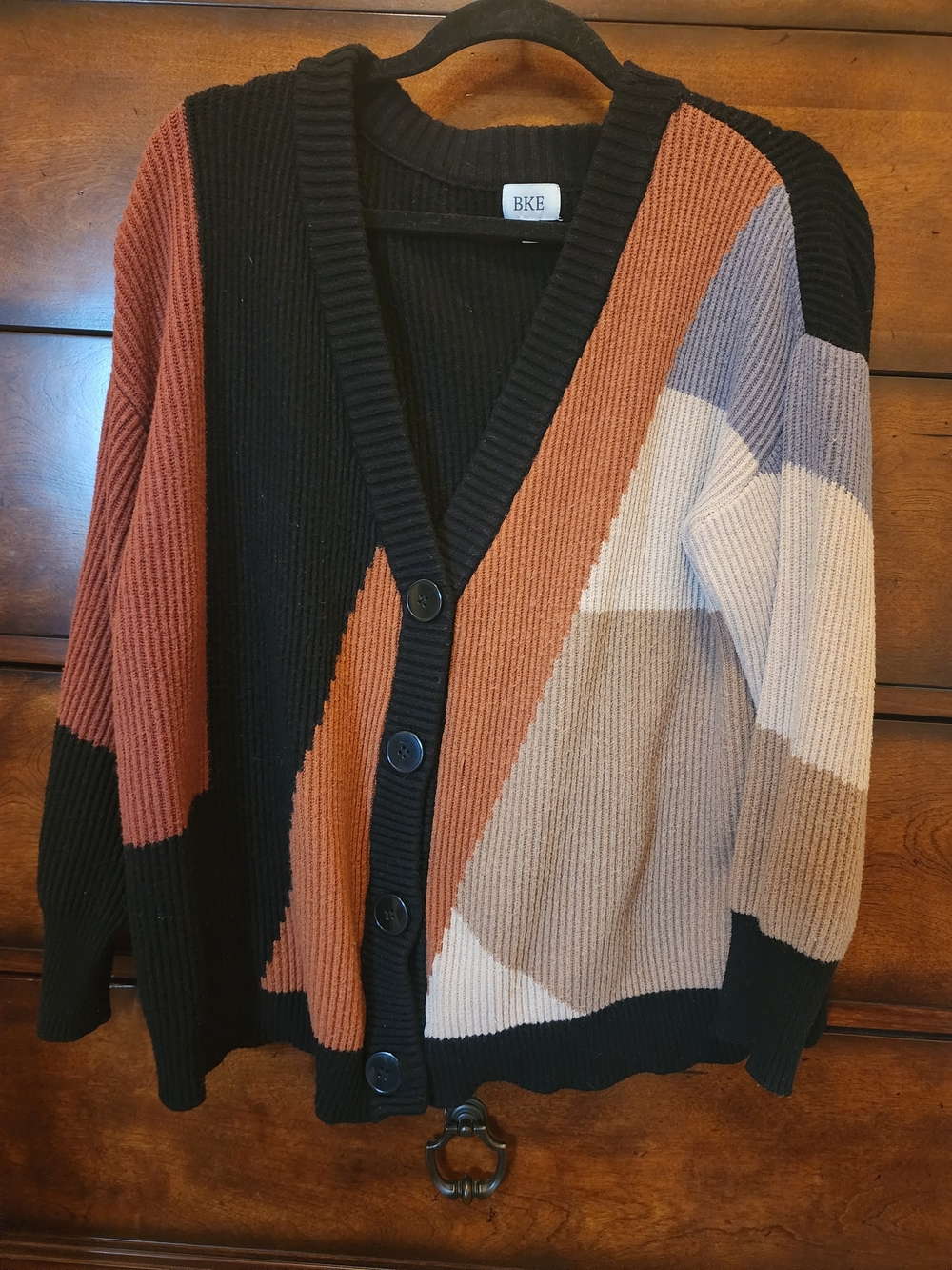BKE Colorblock Rib-Knit Button Cardigan - Black & Rust